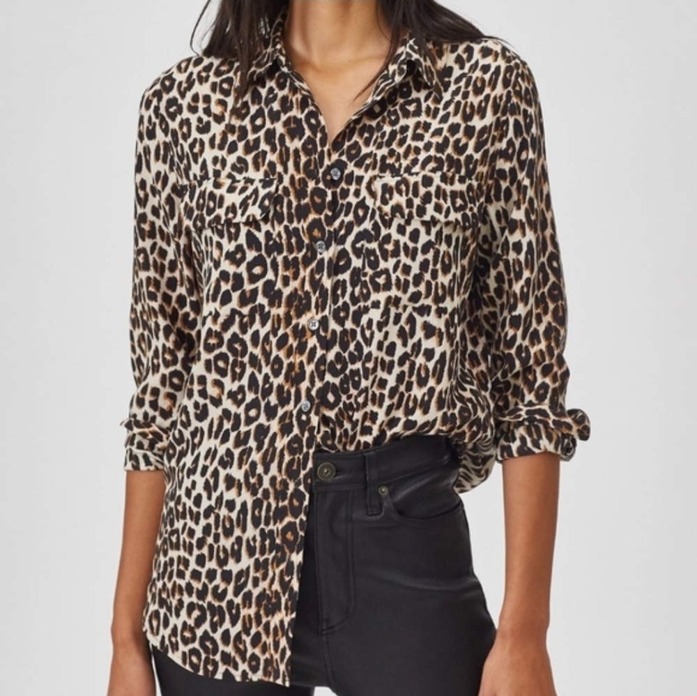 Equipment Femme Leopard Print 100% Silk Button-Down Blouse Size S Brown Black
